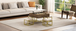 English Elm Modern Square Lift-Top Coffee Table Set with Hidden Storage, 4 Tuck-Away Ottomans, White Walnut Elegance CH192954AAK