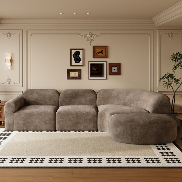 English Elm 111" Curved Sectional Sofa Set Plush Lamb Wool Upholstery Deep Seat Ottoman Lounge Dark Brown N767P371305D