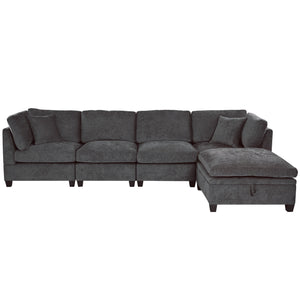English Elm U-style Upholstered Modular Sofa with Storage Ottoman and Dual Cup Holders, Spacious 5-Seater Comfort Grey WY000414AAE