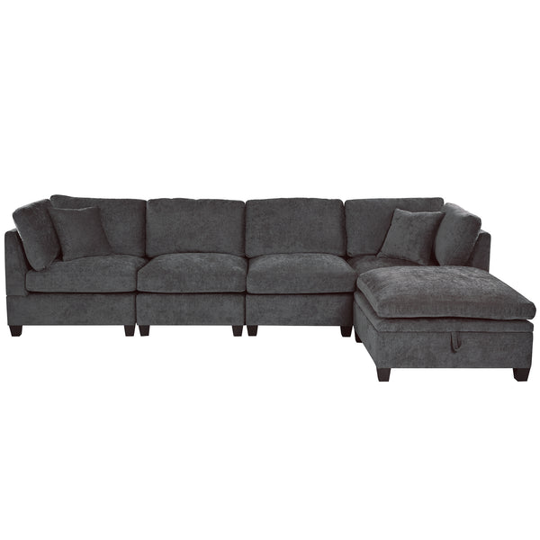English Elm U-style Upholstered Modular Sofa with Storage Ottoman and Dual Cup Holders, Spacious 5-Seater Comfort Grey WY000414AAE