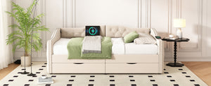English Elm Upholstered Twin Daybed with Linen Tufted Back Nailhead Arms and Storage Drawers W1670P391274