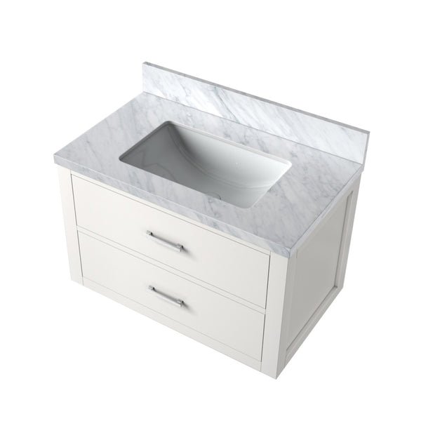 English Elm White Single Vanity With Carrara Marble Top, 30" W X 22" D - Elegant Design, Soft-Close Drawers! B2731P257940-GIGA