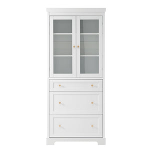 English Elm 70.1" Modern Tall Storage Cabinet with 3 Drawers, 2 Adjustable Shelves, Soft-Close Glass Doors, Gold Handles White N729P271979K