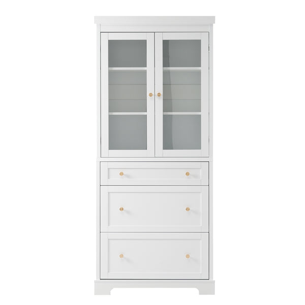 English Elm 70.1" Modern Tall Storage Cabinet with 3 Drawers, 2 Adjustable Shelves, Soft-Close Glass Doors, Gold Handles White N729P271979K