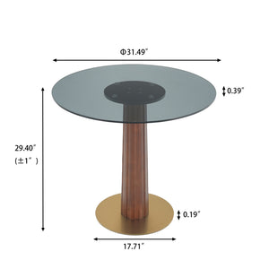 English Elm Modern Round Dining Table - 33.5" Glass Top With Wooden Legs & Gold Base For Cozy Spaces, 150 Lbs W1535S00596