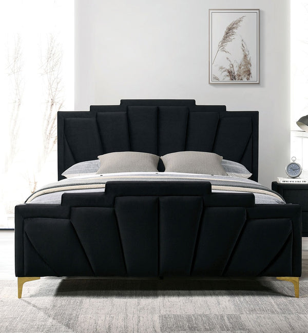 English Elm Glam Plush Flannelette Queen Bed with Shell Tufting and Padded Headboard on Metal Legs for Style Black,Gold 84 L x 15 W x 7 H B2741S00331