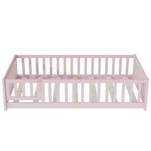 English Elm Twin Solid Rubberwood Floor Bed with Full Perimeter Safety Rails for Toddler Rooms Pink W504P296782