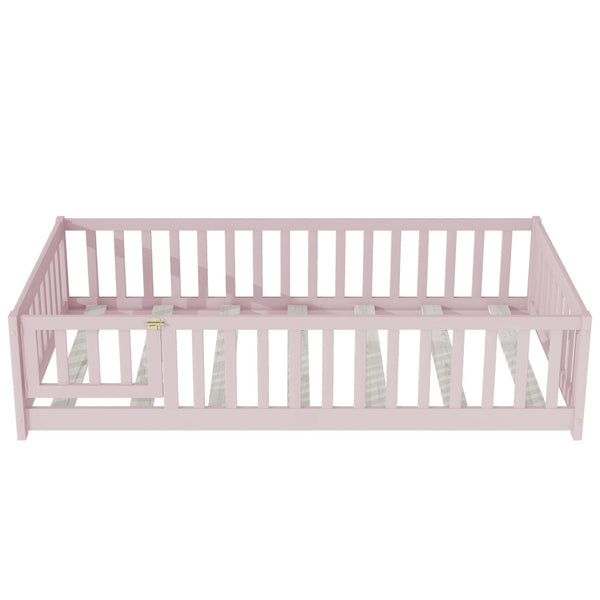 English Elm Twin Solid Rubberwood Floor Bed with Full Perimeter Safety Rails for Toddler Rooms Pink W504P296782