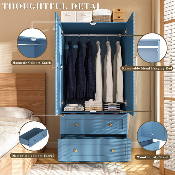 English Elm Shaker Two Door Wardrobe Armoire with Hanging Rod Drawers and Bedroom Storage T3210P477664