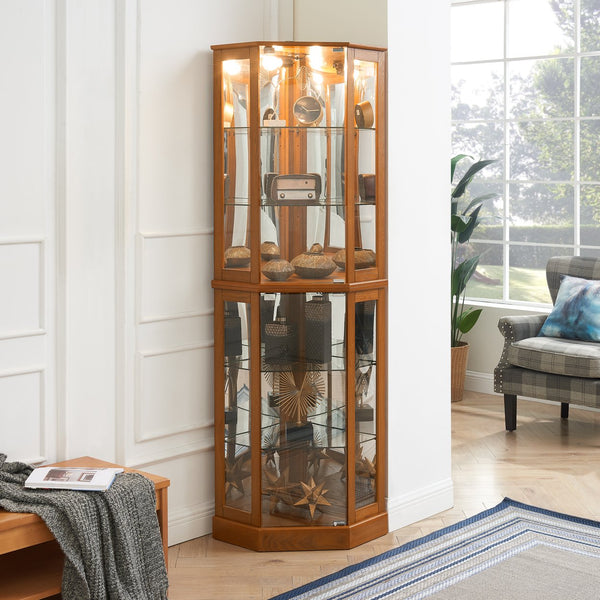 English Elm 6 Shelf Corner Curio Cabinet with Interior Lighting, Mirrored Back, Glass Shelves for Displays Oak W1693P165029