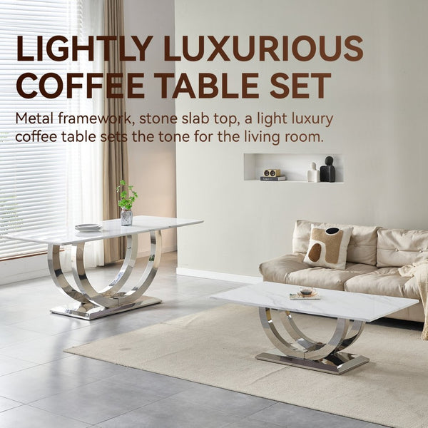 English Elm 50.4 Inch Rectangular Coffee Table Marble Mdf Top Sculptural Steel Arc Base Modern W3357P395502