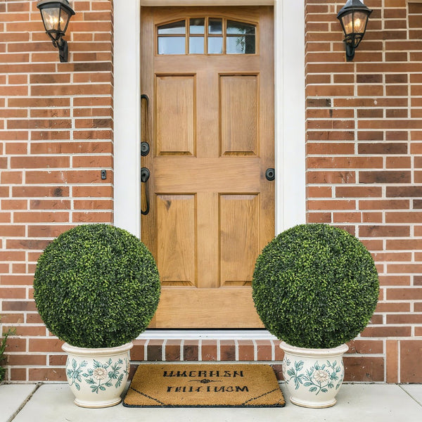 English Elm 22.4in Faux Boxwood Topiary Spheres Lush Polyethylene Foliage for Porch or Patio W2945P460786