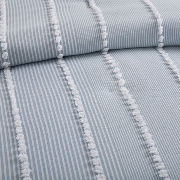 English Elm 3-piece Cotton Yarn Dyed Comforter Set Jacquard Pompom Stripe Coastal Bedroom Blue B035P482892