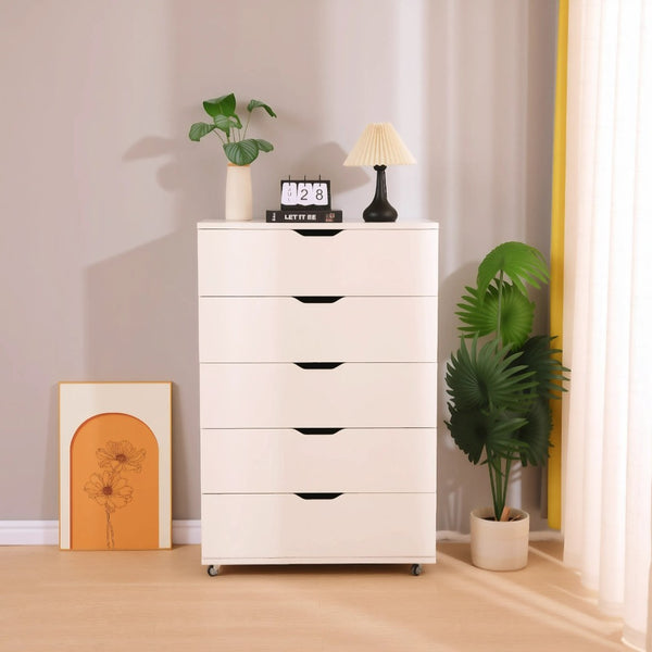 English Elm White Five Drawer Rolling Storage Cabinet with Sleek Cutout Handles for Any Room B372P407630