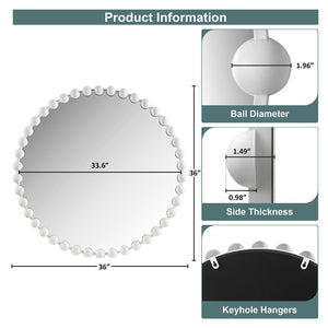 English Elm Beaded Marlowe 36" Round Wall Mirror Matte White Foil Iron Frame Glam Accent with Keyhole Hook B03599373