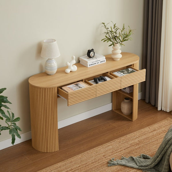 English Elm [video] Retro Fluted Console Table with 3 Drawers Open Niche Mid-century Entryway Natural N759P283616N