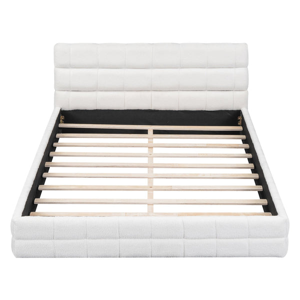 English Elm Queen Upholstered Platform Bed with Padded Headboard, Slat Support, Modern Stitch Detail for Comfort White DL001520AAK