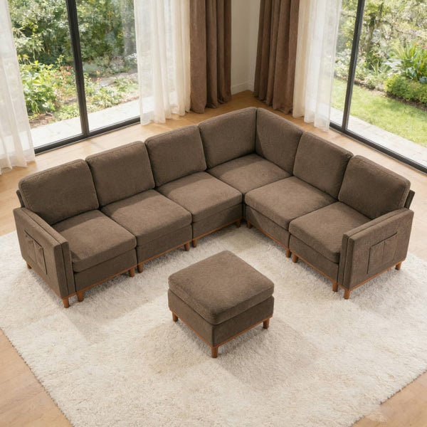 English Elm Modern Modular Sectional Sofa Plush Fabric Upholstery Reconfigurable Living Room Seating Brown W2085S00112