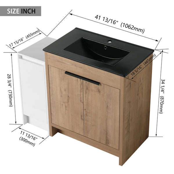 English Elm 42 Inch Freestanding Bathroom Vanity With Black Ceramic Sink, Soft-Close Doors, And Storage Solutions W999S00310