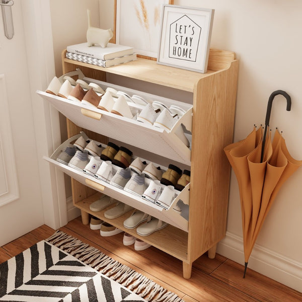 English Elm Shoes Storage Cabinet Slim Flip Door Entryway Organizer with Natural Wood Legs 16 Pairs W3166P268391