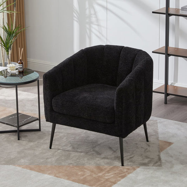 English Elm 29.9'' Modern Upholstered Chenille Vanity Barrel Accent Chair with Channel Tufting and Metal Legs, Cozy Foam Seat for Living Room, Bedroom, Office — Stylish Compact Lounge Seat Black W3118P328900