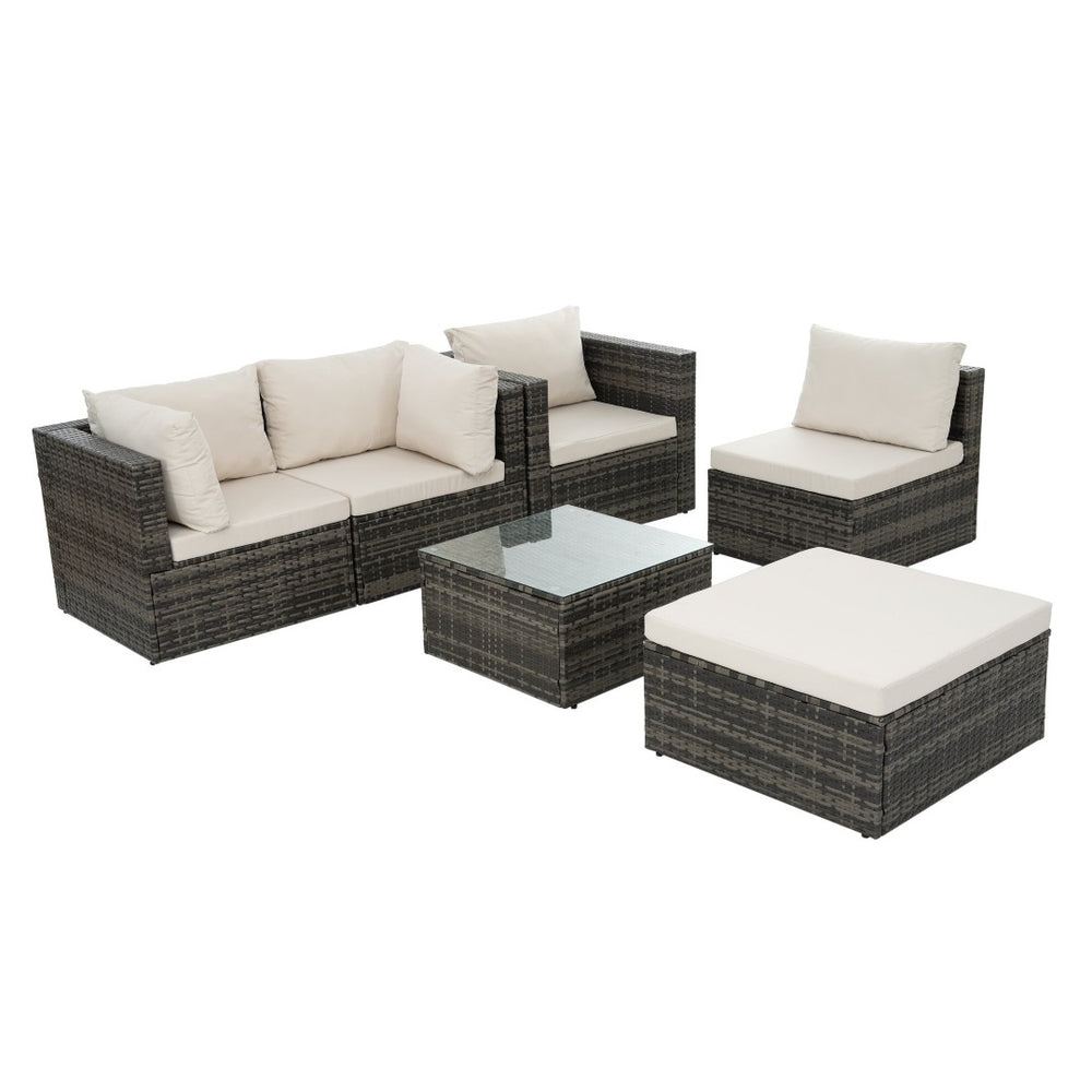 English Elm Patio 6-Piece Pe Wicker Furniture Set With Glass Coffee Table – Stylish Outdoor Seating For Relaxation W1703S00025-GIGA