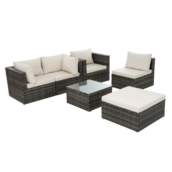 English Elm Patio 6-Piece Pe Wicker Furniture Set With Glass Coffee Table – Stylish Outdoor Seating For Relaxation W1703S00025-GIGA