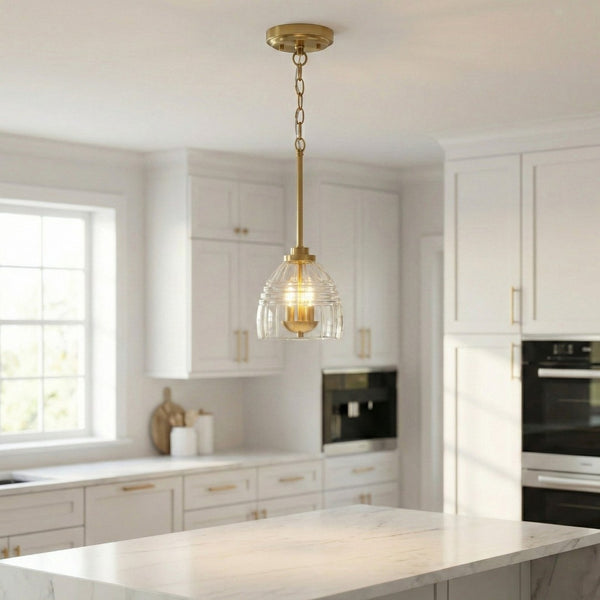 English Elm Ember Satin Brass Chain Pendant Three Candle Lights Clear Glass Dining Room B183P230892
