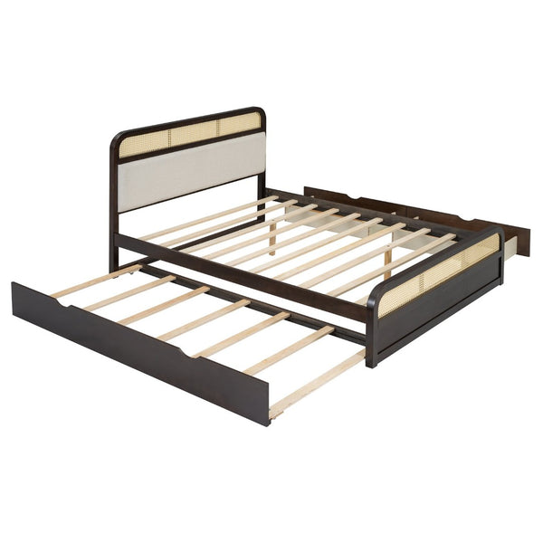 English Elm Queen Wooden Platform Bed With Trundle, 2 Storage Drawers & Padded Headboard In Espresso Finish N820S00010P-GIGA