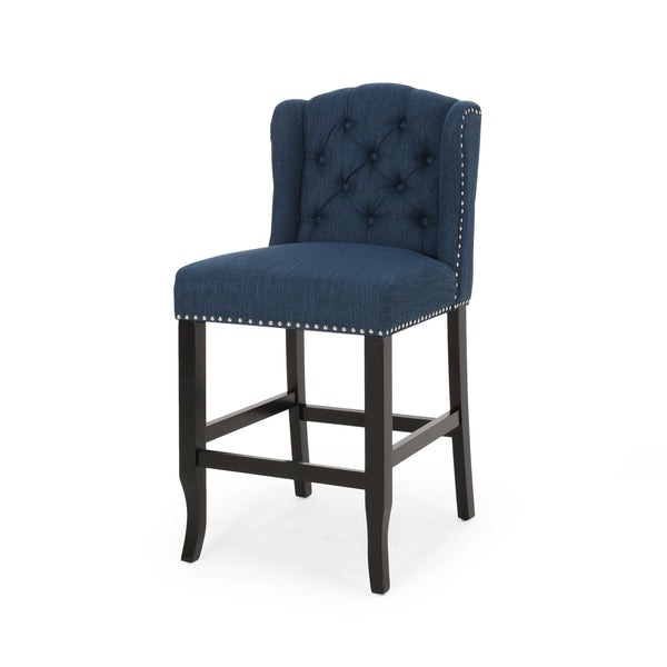 English Elm Christopher Knight Home® - Vienna Fabric Tufted Wingback Counter Stools Set of 2 with Rivet Trim Rubberwood Legs, 27" Seat Height Navy Blue 64855.00NBLU