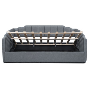 English Elm Upholstered modern daybed with under-bed storage drawers, full-size platform frame for guests Gray DL002033AAE