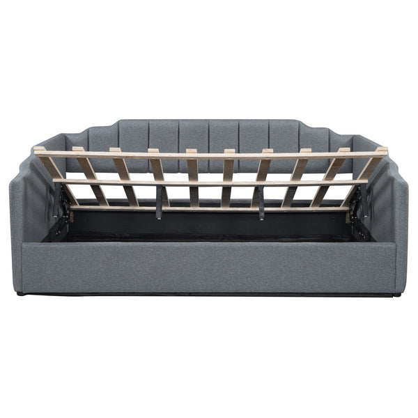 English Elm Upholstered modern daybed with under-bed storage drawers, full-size platform frame for guests Gray DL002033AAE