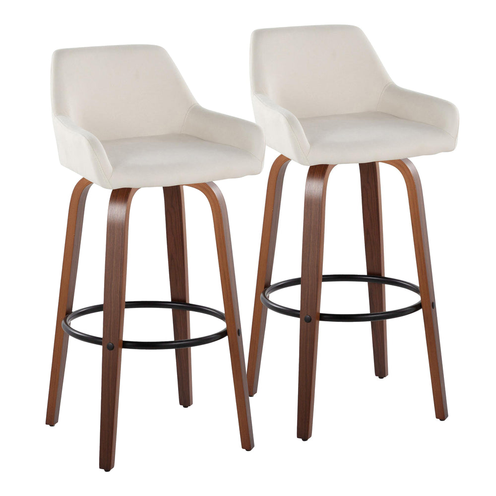 English Elm Daniella Contemporary 30" Fixed-Height Swivel Barstools Set of 2 – Walnut Bent Wood, Cream Fabric, Black Footrest B202S00548