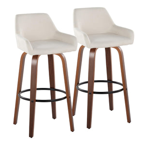 English Elm Daniella Contemporary 30" Fixed-Height Swivel Barstools Set of 2 – Walnut Bent Wood, Cream Fabric, Black Footrest B202S00548