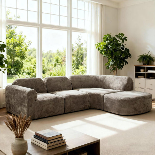 English Elm 111" Curved Sectional Sofa Set Plush Lamb Wool Upholstery Deep Seat Ottoman Lounge Dark Brown N767P371305D
