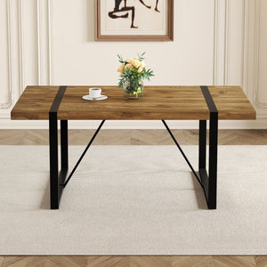 English Elm Rustic Industrial Wood Dining Table Seats Six with Powder Coated Black Metal Legs W1151P176379