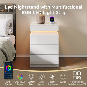 English Elm Nightstand with Rgb Led Lighting and Charging Hub Three Drawer Sleek Modern Bedside Ameican White Oak W5221P422262