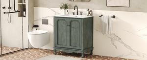 English Elm Christopher Knight Home® - 30" Vintage Bathroom Vanity with Rectangle Ceramic Sink, Rubber Wood Legs, Soft-Close Doors, Adjustable Shelves Antique blue green,Teal N817P245316B