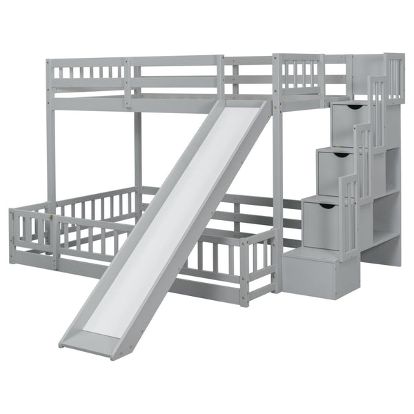English Elm Twin Over Full Pine Bunk Bed with Fun Slide Storage Staircase and Safety Rails W504P210106