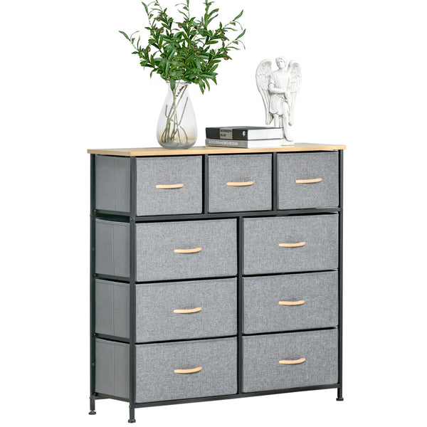 English Elm HOMCOM 9-Drawer Storage Chest with Wood Top & Steel Frame, Foldable Fabric Bins, Anti-Tip Protection W2225P217735