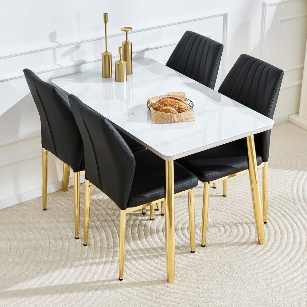 English Elm Table and Chair Set Marble Glass Top Gold Legs Modern 5 Piece Dining for Small Spaces White+Gold W1151S04636
