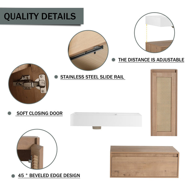English Elm 30 Inch Wall-Mounted Bathroom Vanity With Soft-Close Drawer & Resin Sink, Space-Saving Design W999S00348