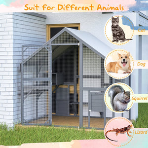 English Elm Extra Large Walk-in Outdoor Cat Enclosure with Oxford Roof Ramps and Dual Resting Huts W1422S00046