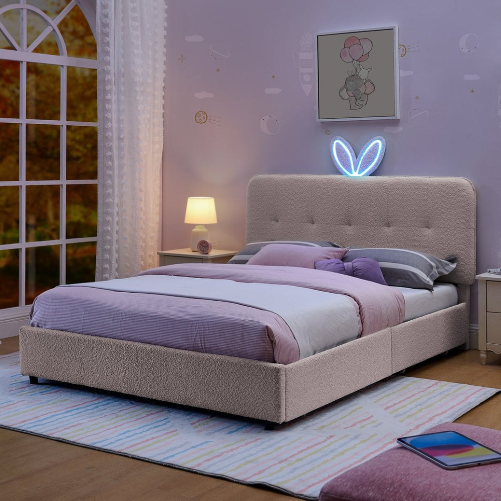 English Elm Full Size Kids Storage Bed Boucle Upholstered Rabbit Ear Headboard with Led Lighting Pink W1413P384923