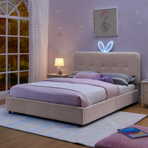 English Elm Full Size Kids Storage Bed Boucle Upholstered Rabbit Ear Headboard with Led Lighting Pink W1413P384923