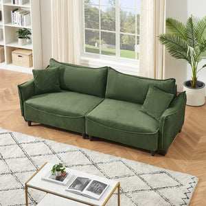 English Elm Sofa Green Corduroy 3-Seater Convertible Sofa Bed with Two Throw Pillows, Solid Wood Frame, 500lb Capacity W1278S00038