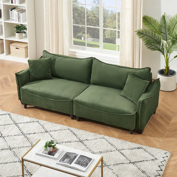 English Elm Sofa Green Corduroy 3-Seater Convertible Sofa Bed with Two Throw Pillows, Solid Wood Frame, 500lb Capacity W1278S00038