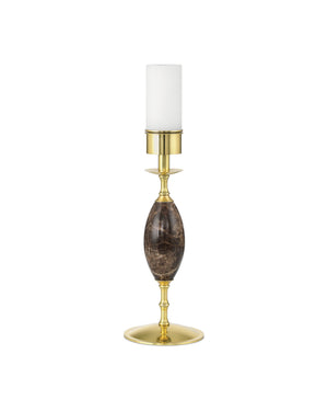 Currey & Company Marche Cordless Brass Table Lamp with Marble Inset and White Cylindrical Shade Brown / Brass 6700-0020