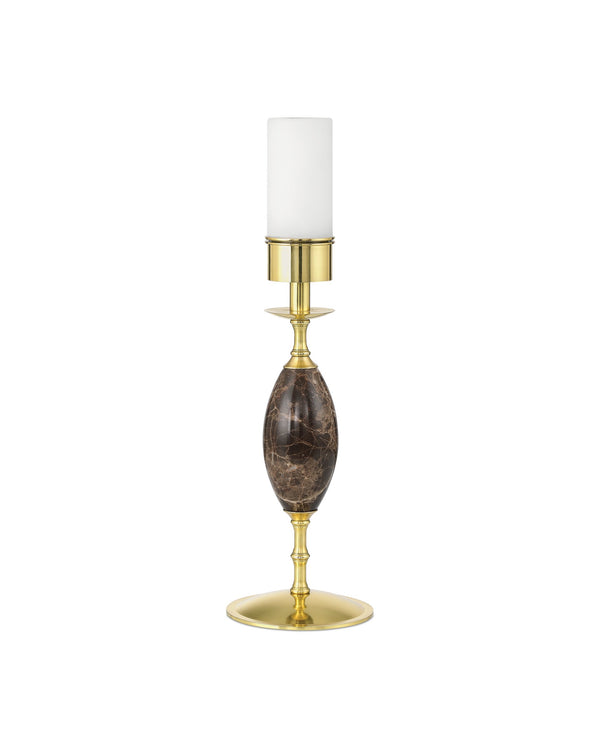 Currey & Company Marche Cordless Brass Table Lamp with Marble Inset and White Cylindrical Shade Brown / Brass 6700-0020