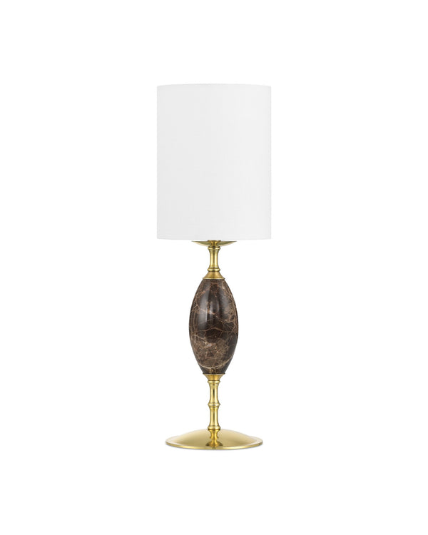 Currey & Company Marche Cordless Brass Table Lamp with Marble Inset and White Cylindrical Shade Brown / Brass 6700-0020